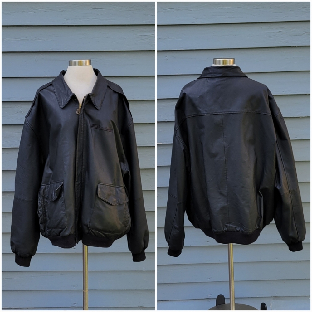 Vintage 90s y2k Black Leather Bauer Built Moto Motorcycle Bomber Jacket Mens XXL